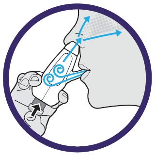 Diagram of blowing XHANCE into the nasal passage